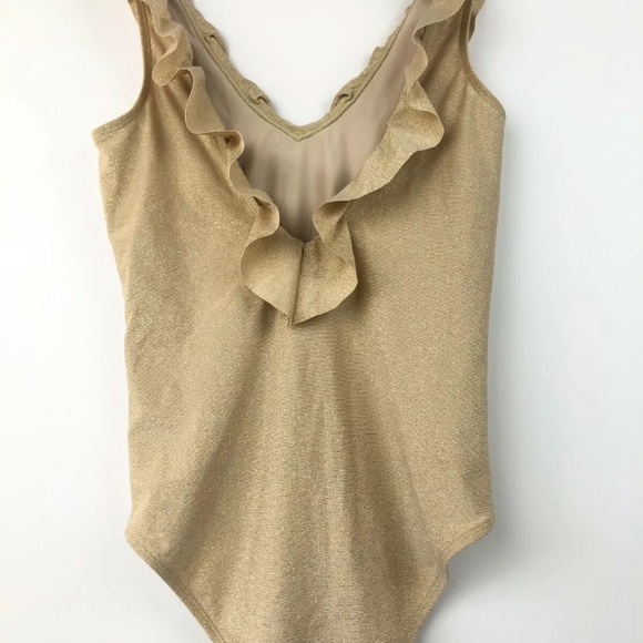AERIE S 1pc Swimsuit Gold Shimmer V-neck Ruffle - Picture 8 of 8